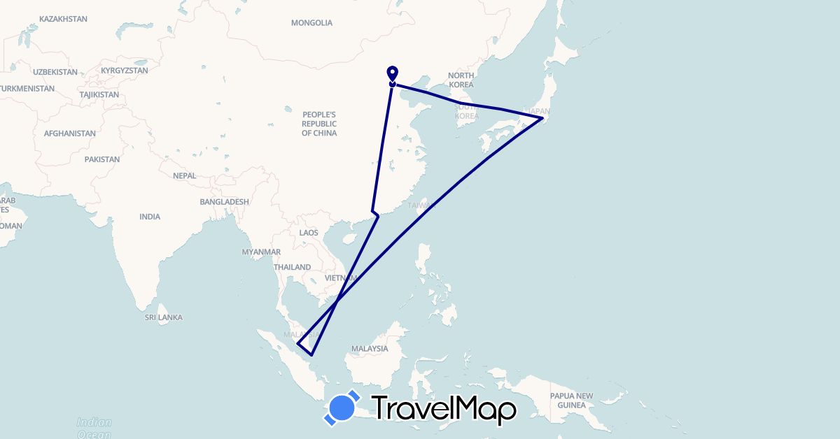 TravelMap itinerary: driving in China, Hong Kong, Japan, South Korea, Malaysia, Singapore (Asia)